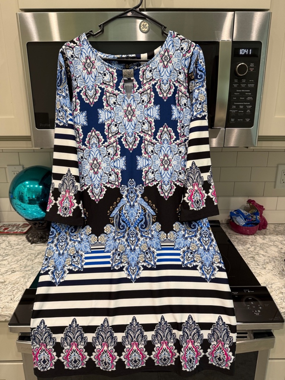 Melissa Paige Navy Blue Floral Medallion Midi Dress with Stripe Accents